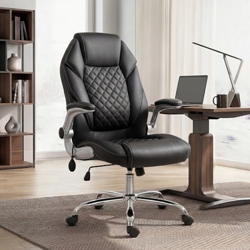 NEO CHAIR Ergonomic Office Chair, Executive Leather Chair, Lumbar Support | Executive Desk Chair with High Back, Flip-Up Arms and Wide Seat, Comfortable Gaming Chair for Home Office, Black - color: Black