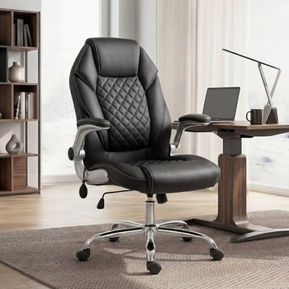 NEO CHAIR Ergonomic Office Chair, Executive Leather Chair, Lumbar Support | Executive Desk Chair with High Back, Flip-Up Arms and Wide Seat, Comfortable Gaming Chair for Home Office, Black - color: Black