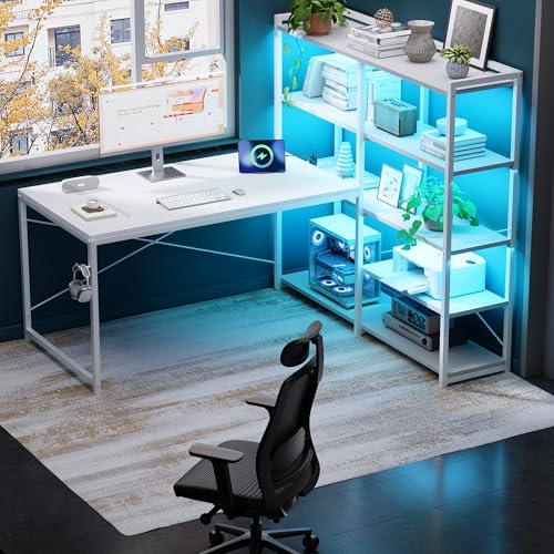 Pamray 49 Inch L Shaped Gaming Computer Desk with Shelves and Storage | Compact Reversible Design with LED Lights & Power Outlets, Suitable for Home Office Bedroom Small Spaces and Dorm Study Work - color: White