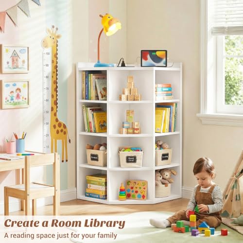 Aheaplus Corner Cabinet, 5-Tier Corner Bookshelf with Power Outlets, White | Corner Cube Storage Shelf with Top Table, Wooden L Cubby Toy Storage with 12 Cubes for Home Office, Bedroom, Living Room - color: White, size: 5-Tier
