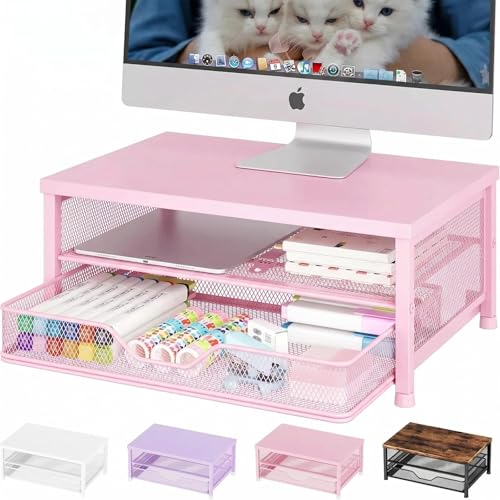 OPNICE Computer Monitor Stand Riser, Desk Organizer with Drawer, Printer & Laptop Stand, Office Desk Accessories & Workspace Desktop Organizers Storage for Office Supplies(Pink) - color: Pink, size: 14 x 9.1 x 5.6