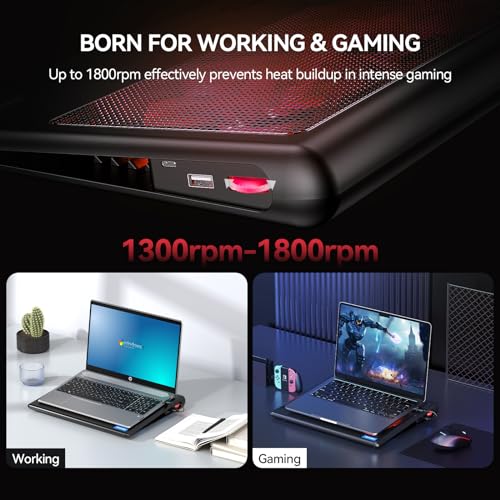 TECKNET Laptop Cooling Pad - 12"-15.6" Laptop Cooler with Quiet Cooling Fan | USB-A & USB-C Powered Cooling Stand with Adjustable Wind Speeds for Gaming, Work & Everyday Computing, Red LED - color: Red