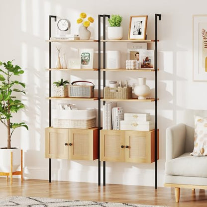 Giantex Ladder Bookshelf with Rattan Cabinet, 5-Tier Tall Wall-Mounted Bookcase with Metal Frame, 72.5" Boho Open Display Shelf Storage Organizer for Living Room, Study, Home Office, Natural