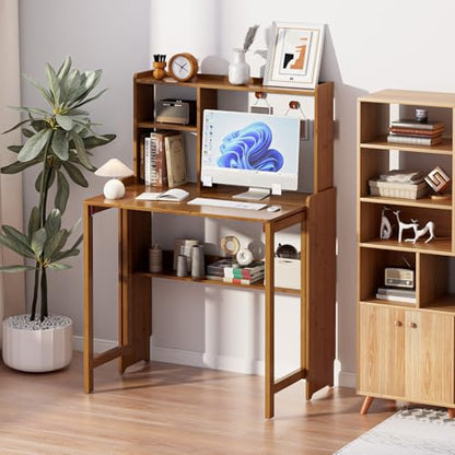Folding Desk for Small Spaces, Bamboo Foldable Desk with Bookshelf, Brown - color: Brown, size: 47.24"H x 21.65"D x 32.28"W