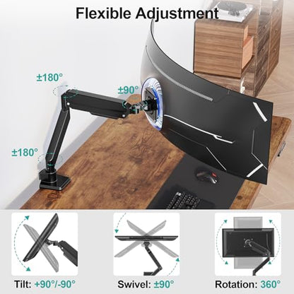 MOUNT PRO Heavy Duty Monitor Arm for 49 inch Ultrawide Screen up to 44 lbs, Single Desk Computer Mount Curved Monitor Stand for Samsung Odyssey G9, Adjustable Gas Spring VESA Mount 75x75 100x100 - size: Max 49", style: Single