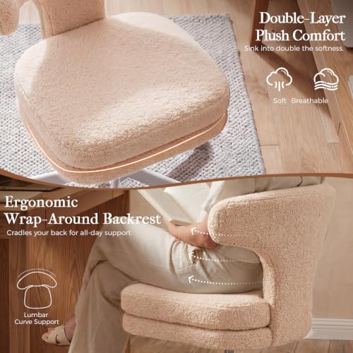 GTPLAYER Swivel Office Desk Chair with Wheels, Adjustable Height Vanity Chair with Back Support, Comfy Rolling Stool for Home Office, Bedroom & Makeup Vanity, Sweet Gift for Girls and Women - color: Khaki Brown