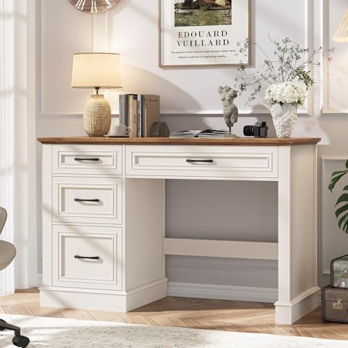 Farmhouse 47" Executive Desk with 3 Drawers and Adjustable File Drawer, Workspace for Home Office and Study, White Brown. - color: Unique White, size: Without Charging Station