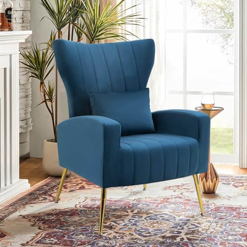Velvet Accent Arm Chairs with Wingback & Lumbar Pillow, Modern Armchair for Living Room Bedroom, Guest Reception Side Chair for Office, Gold Finish, Navy Blue - color: Blue, size: 1PC with Channel Tufted