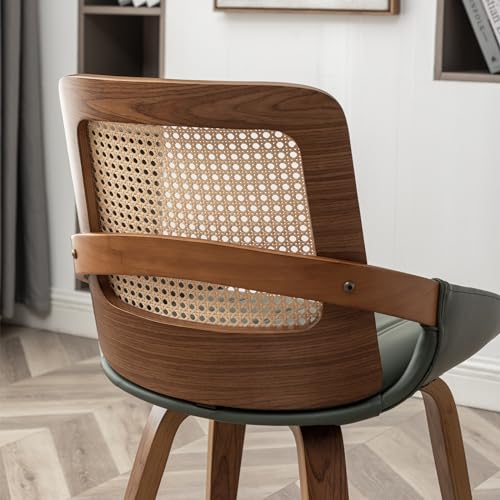 Set of 2 Kitchen & Dining Room Chairs - Green Dining Chairs with Walnut Bentwood Frame, Ergonomic Rattan Back, Curved Arms, Rattan Dining Chairs for Living Room/Reception/Kitchen/Desk (Walnut Green) - color: Walnut Green, size: Set of 2