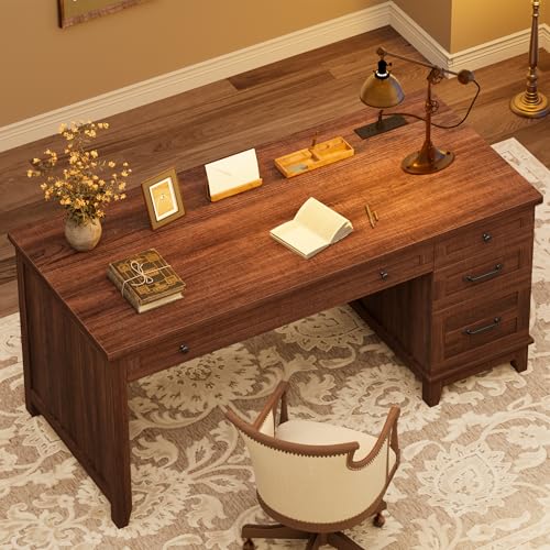53.5" Executive Desk with Power Outlet, Home Office Desk with Drawers, Wooden Work Desk with File Cabinet, Computer Desk for Work, Study, Writing, Brown - color: Brown