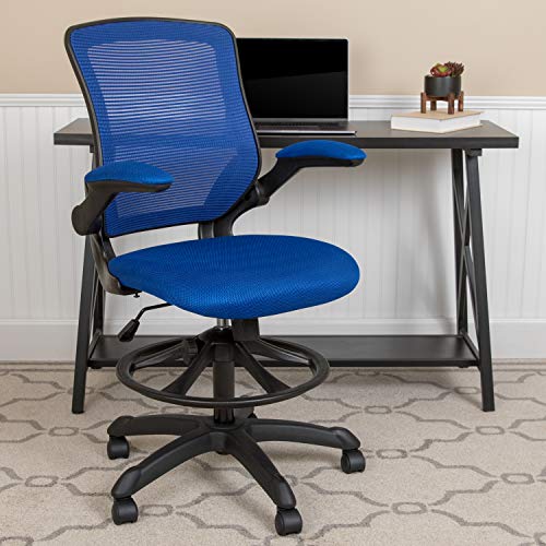 EMMA + OLIVER Mid-Back Blue Mesh Drafting Chair - color: Blue