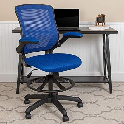EMMA + OLIVER Mid-Back Blue Mesh Drafting Chair - color: Blue