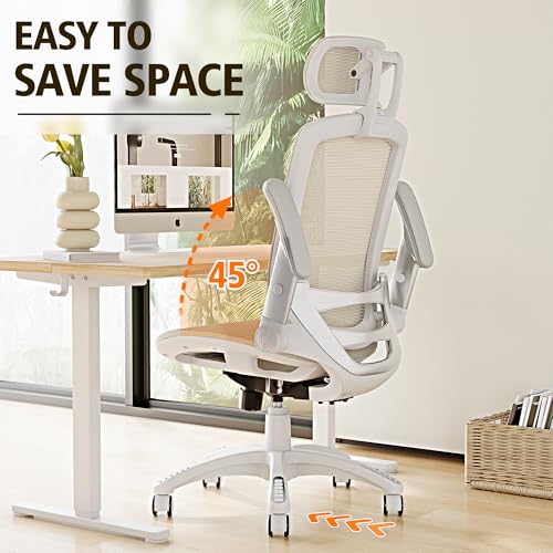 GABRYLLY Ergonomic Office Chair, High Back Home Desk Chair with Headrest, Flip-Up Arms, 90-120° Tilt Lock and Wide Cushion, 300LBS Mesh Chairs for Man Woman, White Task Chair(Beige,GY01WBG) - color: White Frame Beige Mesh