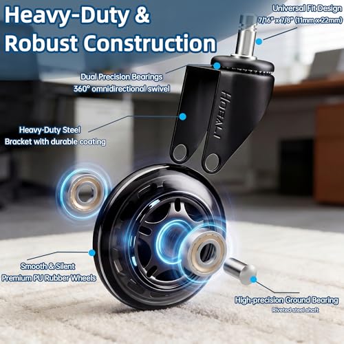 HOSALI 3 Inch Office Chair Wheels - Rubber Chair Casters Replacement, Heavy-Duty Computer Gaming Desk Caster Wheel Smooth & Safe Rolling for All Floors Including Hardwood and Carpet, Set of 5 - style: Modern-Black