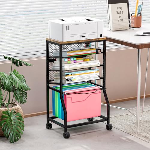 INGIORDAR 5 Tier Rolling File Cart Sliding Hanging Folder Storage Wheels | Under Desk Storage Organizer On Lockable Wheels Mesh Sliding Trays Multifunctional Clutter Cart for Office School Home