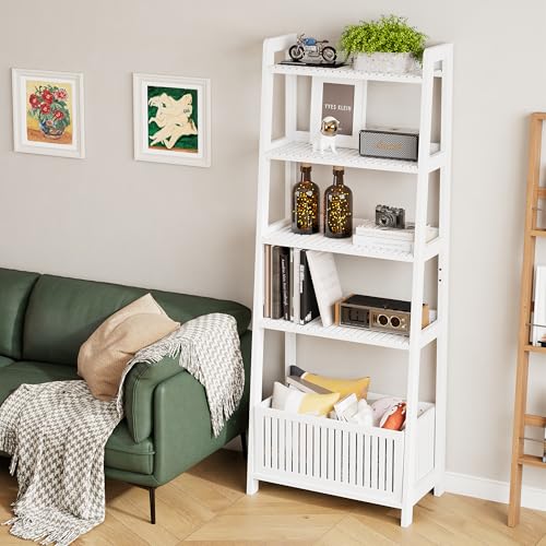 Bamjoy Bamboo White Bookshelf with Slatted Basket, Ladder Bookcase with 4 Display Shelves and 1 Open Storage Basket, Multifunctional Storage Rack Organizer for Home Office, Bedroom, Living Room, 66” H - color: White