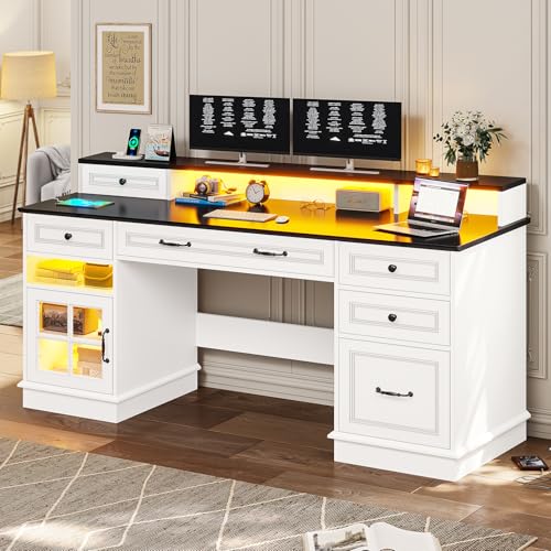 BTHFST 59.1" Executive Desk with File Drawer, Charging Station, White - color: White and Black