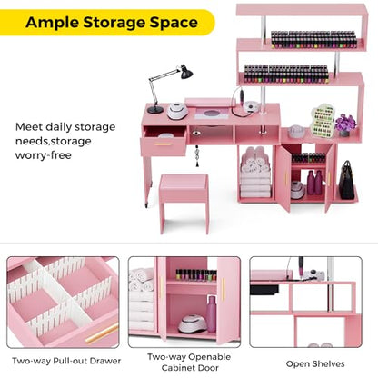 Kikihouse Manicure Table Nail Desk with Stool, L-Shaped Nail Tech Desk with Dust Collector, Two-Way Drawer, Cabinet & Storage Shelves, Rotating Reversible Manicure Workstation on Wheels (Pink) - color: Pink