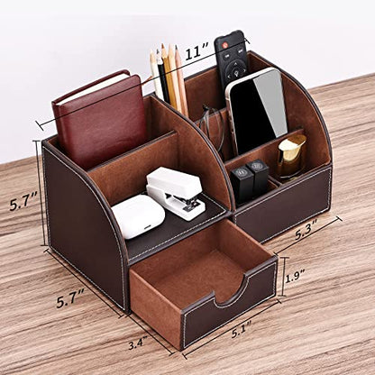 KINGFOM Pu Leather Desk Organizer Pen Pencil Holder Office Supplies Caddy Storage Box 6 Compartments with Drawer Brown - color: Brown