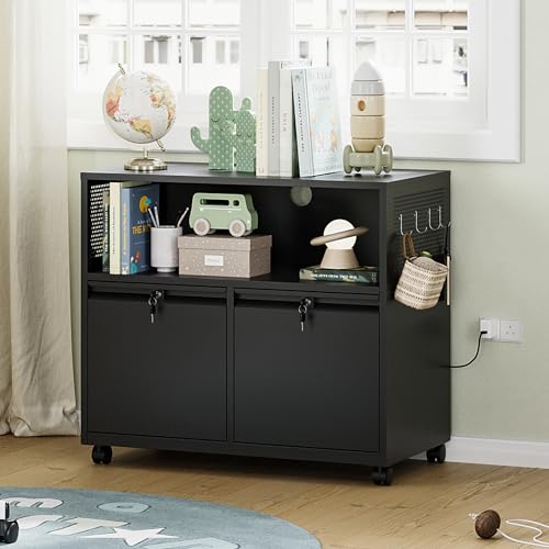 Letaya Mobile 2 Drawer File Cabinet with Lock, Metal Lateral Printer Stand Filing Storage Cabinets with Shelves for Home Office-A4/F4/Letter (Black) - color: Black, size: Standard 2 Drawers-Basic