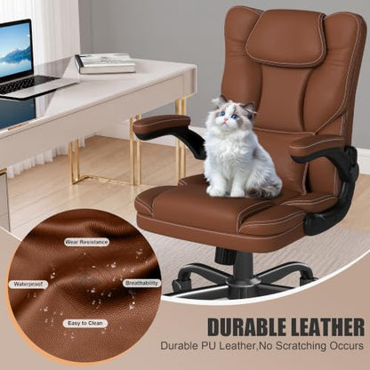 Executive Office Chair Flip Up Arms Lumbar Support Home Office Desk Chair - color: Brown
