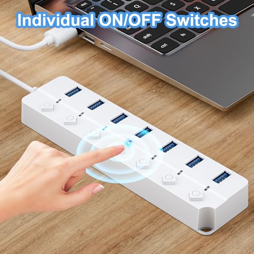 USB Hub 7 Port, USB Splitter with Individual On/Off Switches and Lights - color: White
