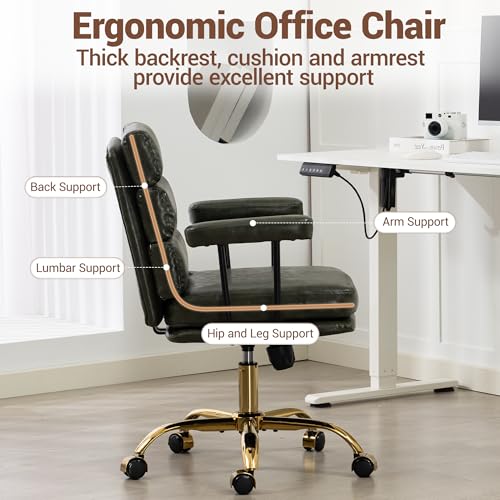 Leather Office Chair with Wheels,Ergonomic Swivel Rolling Task Chair,Padded Seat and Armrests,Adjustable Height Home Desk Chair,Executive Computer Chair, Gold Base Makeup Vanity Chair,Green - color: Green