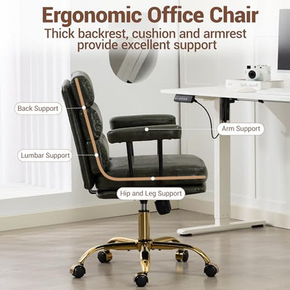 Leather Office Chair with Wheels,Ergonomic Swivel Rolling Task Chair,Padded Seat and Armrests,Adjustable Height Home Desk Chair,Executive Computer Chair, Gold Base Makeup Vanity Chair,Green - color: Green