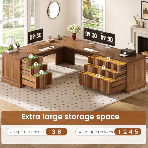 SEDETA Fluted 78.8" L Shaped Desk with 6 Drawers, Fluted Brown - color: Fluted Brown, size: 78.8" L Shaped Desk