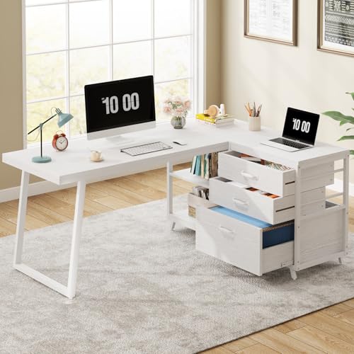 Tribesigns L-Shaped Computer Desk with 3 Drawers, Reversible Corner Home Office Desk with Shelves, 53-Inch Industrial PC Desk Study Writing Table Workstation for Small Space, White - color: White