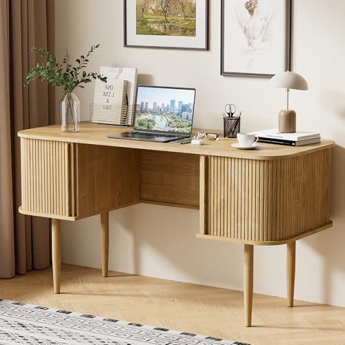 Furniway 55" Modern Writing Desk with Sliding Doors, Wood Home Office Desk with Storage, Computer Desk for Study, Living Room, Dorm, Natural - color: Natural