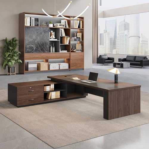 95" Reversible L-Shaped Executive Desk for CEO's Office - color: Red Walnut+graphite Gray, size: 95"L x 71"W