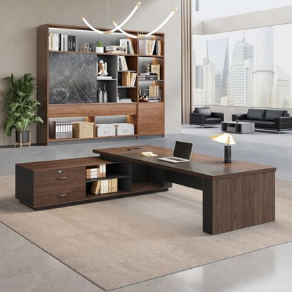 95" Reversible L-Shaped Executive Desk for CEO's Office - color: Red Walnut+graphite Gray, size: 95"L x 71"W
