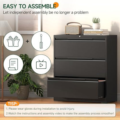 Lateral File Cabinet 3 Drawer, Metal File Cabinet with Lock - color: Black, size: 3 Drawer - Lateral