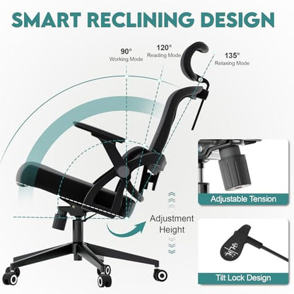 Monhey Ergonomic Office Desk Chair, 90°-125° Tilt Back Home Desk Chair with 360° Swivel & Mute Wheels, High Back Mesh Computer Chair for Adults with Lumbar Support, 330 LBS Capacity(05Black) - color: 05black