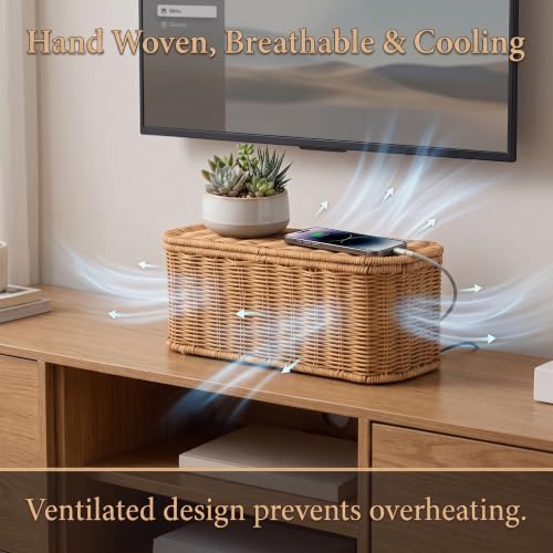 Large Cable Management Box with Lid, Wicker Basket Hides Power Strips, TV Boxes & Routers - size: Large
