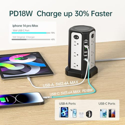 Surge Protector Power Strip Tower 10FT with PD18W USB C Port | Extension Cord with 12 AC Multiple Outlets, Charging Tower with 5 USB, Overload Protection for Home Office, Black White - style: Black White-4A1C