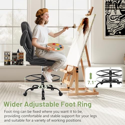 500LBS Drafting Chair, High Back Safer Standing Desk Chair, Executive Tall Office Chair with Flip-up Armrests, Upholstered Fabric Task Chair, Ergonomic Seat with Adjustable Height&Foot Ring, Dark Gray - color: Dark Gray
