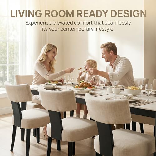 HNY Mid Century Modern Farmhouse Dining Chairs Set of 2, Linen Upholstered Accent Chair Curved Backrest Kitchen Chairs, with Black Hardwood Frame, Beige - color: Curved Black
