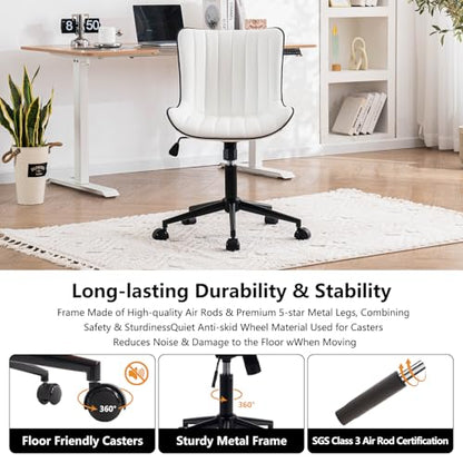 YOUNIKE Office Desk Chair with Wheels Armless Vanity Chair Modern White | Faux Leather Upholstered with Rocking Back, Swivel Height Adjustable Small Cute Computer Rolling Task Chair Ergonomic 300lb - color: White, size: Base Black