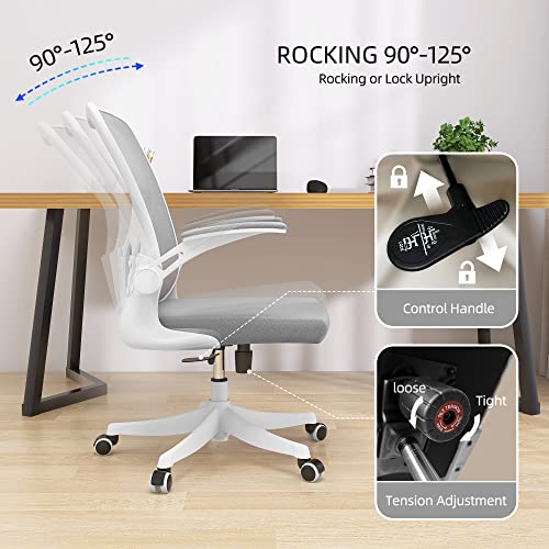 Monhey Ergonomic Office Chair, 90°-125° Tilt Back Home Desk Chair with 360° Swivel & Mute Wheels, High Back Mesh Computer Chair for Adults with Lumbar Support, 330 LBS Capacity (01White+Gray) - color: 01white+gray