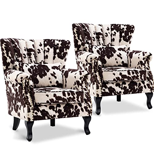 LZAREAL Accent Reading Arm Chairs Set of 2 for Living Room Bedroom, Midcentury Modern Comfy Corner Sofa Chair, Wingback Waiting Room Club Chair with Button Tufted Back &Lumbar Pillow, Fabric Cow - color: Fabric Cow, size: 2 Chairs