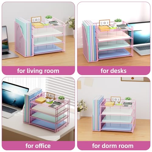 Marbrasse 4-Tier Paper Tray Organizer with File Holder, Pink | Sturdy Paper Tray, Built-in File Holder, fits Letters/Docs, Saves Desk Space, for School/Office/Home - color: Pink