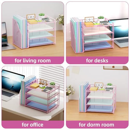 Marbrasse 4-Tier Paper Tray Organizer with File Holder, Pink | Sturdy Paper Tray, Built-in File Holder, fits Letters/Docs, Saves Desk Space, for School/Office/Home - color: Pink