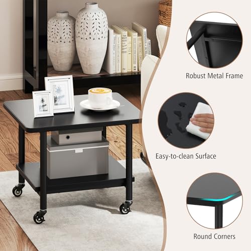 GOFLAME Under Desk Printer Stand, 2-Tier Mobile Printer Table with Storage Shelf, Metal Frame, Rolling Printer Cart Holder Storage Rack with Lockable Wheels for Home Office, Black - color: Black