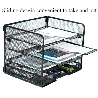 SETTFRFE 4-Tier Metal Desk Organizer-Paper Letter Tray with Drawer,Black (Pack of 2) - size: 12.8" x 10" x 9.9" (Pack of 2)