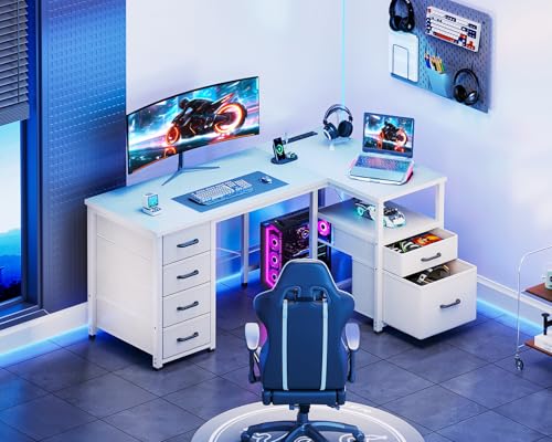 Coleshome 55 Inch L Shaped Office Desk with 6 Drawers, Power Outlet, White - color: White, size: 55 Inch