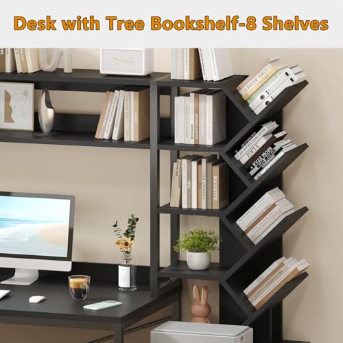 YOMILUVE 52" Computer Desk with Bookshelf, 3 Drawers ＆ Hutch for Bedroom | Black Office Desk with Printer Shelf, Study Writing Desk with Storage Shelves - color: Black