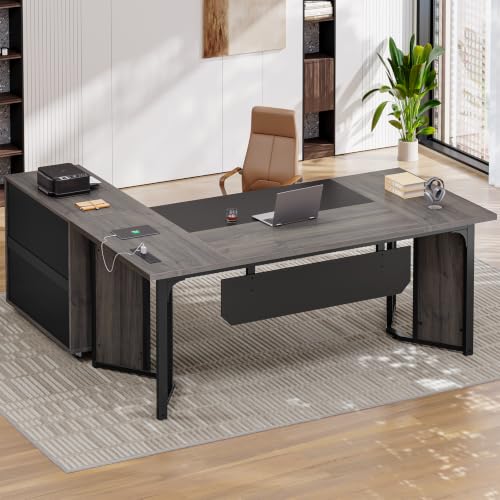 UPOSOJA 63" Executive Desk with Mobile File Cabinet, Large Office Desk with Drawer, Modern L Shaped Desk with Power Outlets, Storage Shelves, Corner Computer Desk Business Workstation Set (Grey) - color: Grey