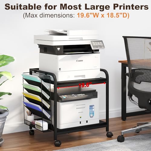 Large Printer Stand with File Holder & Rolling Wheels, Black - color: Black, size: Large